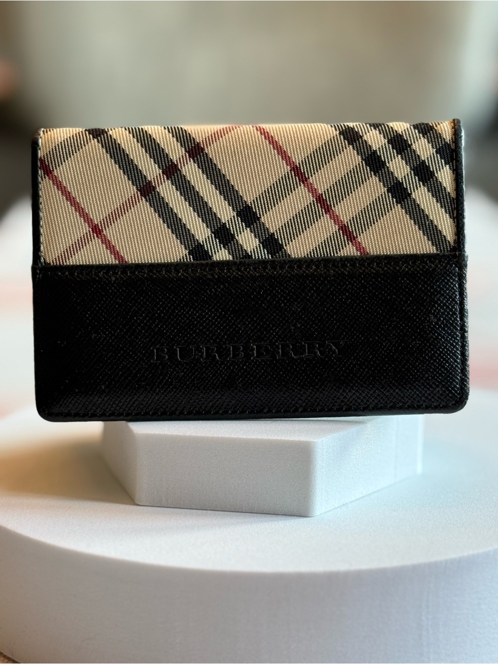 Burberry Black Leather and Beige Nova Check Card Holder